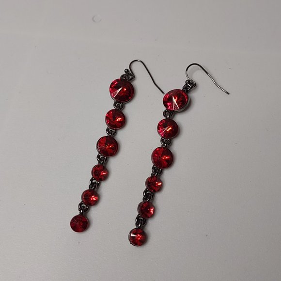 Long Red Glass And Dark Silver Tone Metal Dangle Earrings - Picture 2 of 12